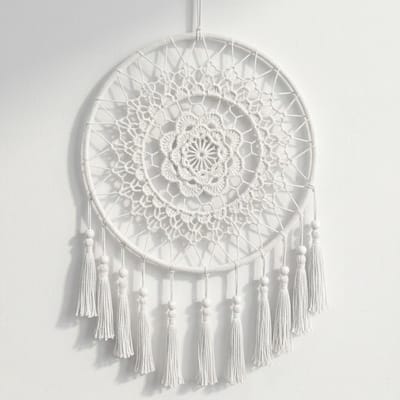 Wit dromenvanger wand decoratie hanger rond met kwastjes en kralen voor dames en heren huis decoratie muur ophanging bohemian stijl handgemaakt ornament slaapkamer woonkamer