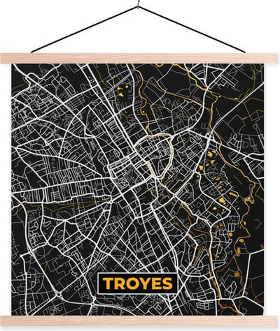 Posterhanger incl. Poster 40x40 cm - Schoolplaat - Frankrijk - Plattegrond - Troyes - Stadskaart - Kaart - Textielposter - Blanke latten - Stadskaart