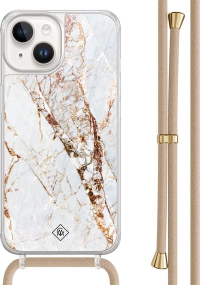 Casimoda® hoesje met beige koord - Geschikt voor iPhone 14 - Marmer Goud - Afneembaar koord - TPU/acryl - Goudkleurig