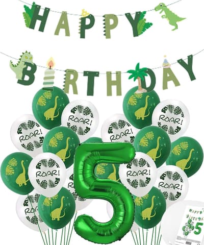 Cijfer Ballon 5 Jaar - Dinosaurus - Dino Mega pakket Ballonnen en Feestslinger - Groen - Helium Ballon - Snoes