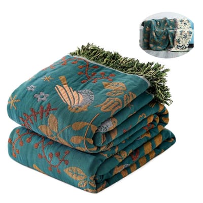 KZQ 100% Katoen Deken Boho Ultra Zacht, Omkeerbare Deken met Dubbelzijdige Vogel en Bloem Borduurwerk, 230 x 200 cm Ademend All Seasons Dekbed voor Bank Bed, Sprei met Franjes, Lichtgewicht Decoratie Hondenkussen Stijl 1