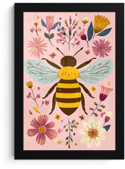 Poster in lijst - Fotolijst 20x30 cm - Posters - Bij - Geel - Bloemen - Kleurrijk - Posterlijst zwart - Decoratie - Wanddecoratie woonkamer - Muurdecoratie slaapkamer