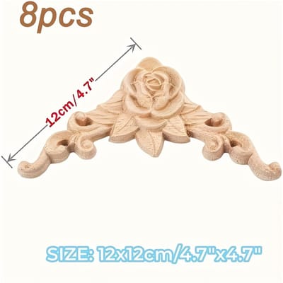 8 stuks Gesneden Houten Appliques voor Meubels, Bloemenhoek Houtsnijwerk in Franse Stijl, Ongeverfde Massief Houten Decoratieve Rozetten 12×12cm/4.7×4.7in