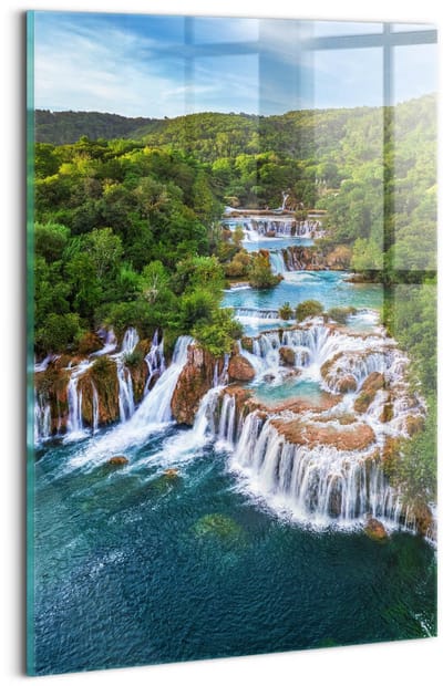 Wallfluent Glasschilderij - Watervallen en de rivier Krka, Kroatië Foto Glas - 20x30 cm - Groente Verticale Muurschildering - Landschap Foto Schilderij Op Glas - Foto In Glas - Foto Op Glas