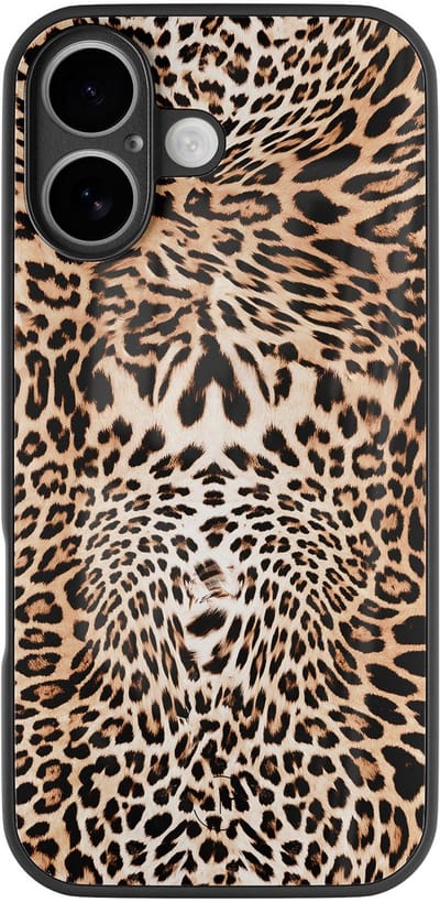 Hoesje geschikt voor iPhone 16 - Luipaardprint - Luxe Glazen Hardcase - Luipaardprint - Bruin - Leuke Telefoonhoesjes