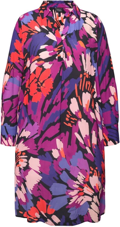Ulla Popken - Dames - Midi-jurk penseelstreken V-hals lange mouwen - Bes - Maat 46+