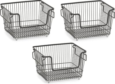 Zeller opberg draadmandje - 3x - zwart - stapelbaar - 33 x 27 x 21 cm - metaal - kastmanden