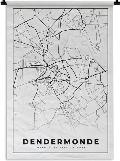 Wandkleed - Wanddoek - Stadskaart – Zwart Wit - Kaart – Dendermonde – België – Plattegrond - 120x180 cm - Wandtapijt