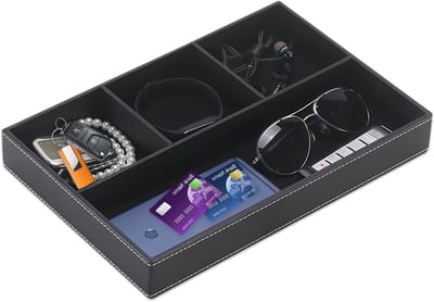 Lederen Opbergtray voor Bureau met 4 Compartimenten, Organizer voor Telefoon, Sleutels en Sieraden - Zwart