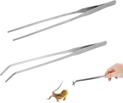 Dailygoods- Reptielen Pincet 27 cm - Set van 2 - Roestvrij Staal - Recht/Gebogen - Voor Voeren van Slangen/Schildpadden - Zilveren Kleur - Voederpincet