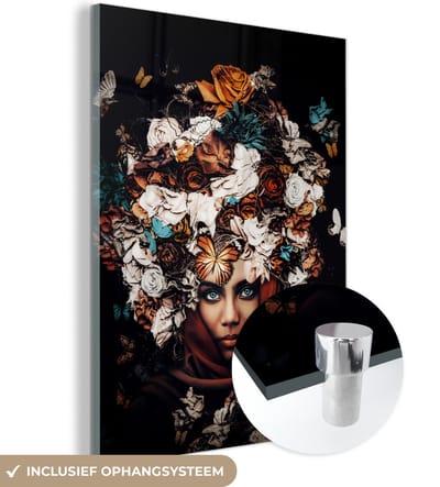 MuchoWow® Glasschilderij 30x40 cm - Schilderij acrylglas - Bloemen - Vlinder - Vrouwen - Hoofddoek - Foto op glas - Schilderijen