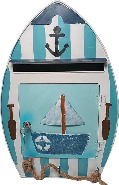 Originele Handgeschilderde Stalen Brievenbus, Buiten en Binnen Metalen Muurdecoratie, Vintage Brievenbus Marine Decor, Grappige Brievenbus, Rustieke Bootvorm Nautische Stijl