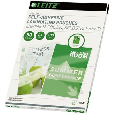 Lamineerfolies Leitz iLAM, A4 staand & liggend formaat, dikte 80 µm, zelfklevende achterkant, verwijderbaar, L 216 x B 303 mm, PET, kleurloos, 100 stuks