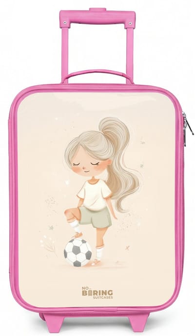 NoBoringSuitcases.com® - Kinderkoffer roze - Kindertrolley meisje - Meisje met een voetbal in beige kleuren - Koffer kind lichtgewicht - Reiskoffer trolley voor kinderen - Koffertje met lichtgevende wieltjes - Rolkoffer