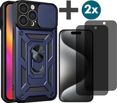 Hoesje met Privacy screenprotectors 2 stuks Geschikt voor iPhone 15 Pro Max met Ringhouder en Camera schuifje - Arara backcover - Blauw