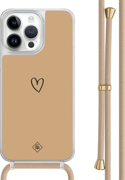 Casimoda® hoesje met beige koord - Geschikt voor iPhone 14 Pro Max - Hart Bruin - Afneembaar koord - TPU/polycarbonaat - Bruin/beige