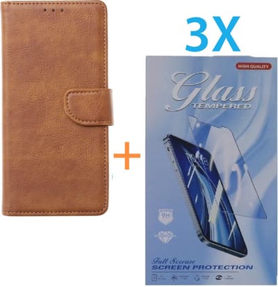 Bookcase Geschikt voor: Apple iPhone 16 - Lichtbruin - portemonnee hoesje - + 3X Tempered Glass Screenprotector