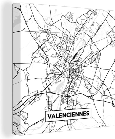 Canvas Schilderij Kaart - Plattegrond - Frankrijk - Stadskaart - Valenciennes - Zwart wit - 20x20 cm - Wanddecoratie