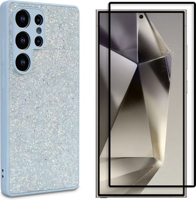 Casemania Hoesje & Volledig Dekkend Glas Geschikt voor Samsung Galaxy S25 Ultra - Blauw - Diamant Glitter Back Cover & Glazen Screenprotector
