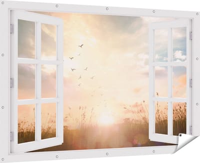 Gards Tuinposter Doorkijk Silhouet Vogels tijdens Zonsopkomst - 180x120 cm - Tuindoek - Tuindecoratie - Wanddecoratie buiten - Tuinschilderij