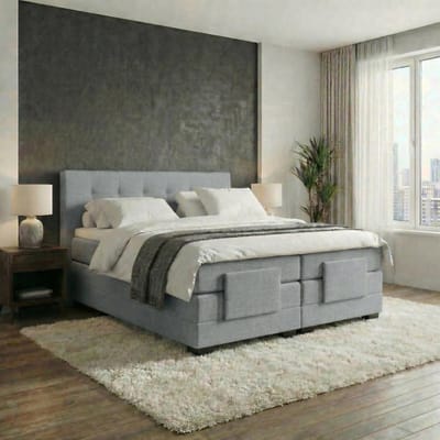 Anno 1588 Elektrische Boxspring LUXA - Pocketvering - Luxe Topper - Lichtgrijs - 90x200 cm - Inclusief Montage + Dekbed en Kussens