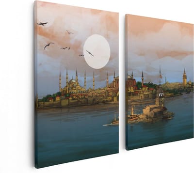 Artaza Canvas Schilderij Tweeluik Illustratie Van De Maiden's Tower In Istanbul - 80x60 - Foto Op Canvas - Canvas Print