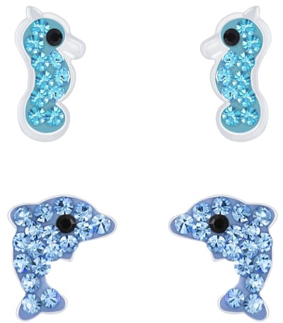 Joy|S - Zilveren dolfijn oorbellen set - 2 paar - blauw - dolfijn - zeepaardje