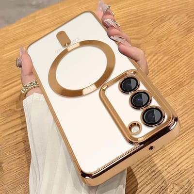 Hoesje Geschikt Voor Samsung Galaxy S23 Plus hoesje Magnetisch Met Lens beschermer Transparant / Goud – Magneet hoesje
