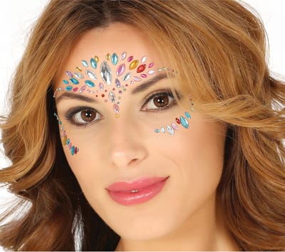 Fiestas Guirca Festival Gezicht stickers - multi kleur - glitter diamantjes - strass steentjes/plakdiamantjes - Face jewels