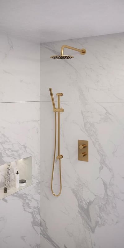 Brauer Gold Edition thermostatische inbouw regendouche 3-weg omstelling SET 39 met 20 cm douchekop en gebogen muurarm en staaf handdouche en doucheslang en geïntegreerde glijstang goud geborsteld PVD