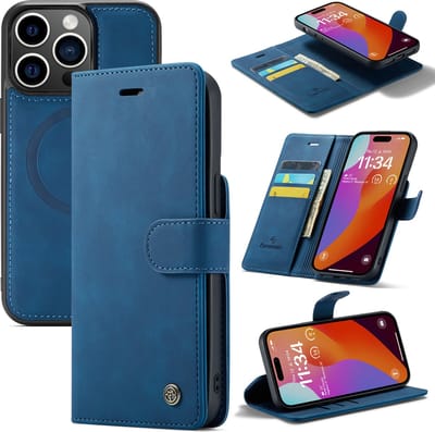Casemania Hoesje Geschikt voor Apple iPhone 15 Navy Blue- 2 in 1 Book Case - Geschikt voor MagSafe