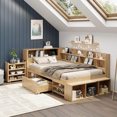 Pugsdrly Kinderbed, bed met opbergruimte, massief houten bed, 90 x 200 cm, eenpersoonsbed, multifunctioneel kinderbed met nachtkastjes, planken en opbergkasten, met draadloos opladen, zonder matras, naturel
