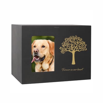 Gloovon® Luxueuze Houten Dierenurn - Met Fotolijst & Levensboom - Zwart - Herdenkingsbox voor Hond, Kat of Konijn