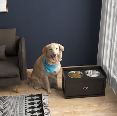 Wishdor - Futterstation - Verhoogde dubbele hondenvoerbak met lade - Modern - Voor grote honden - RVS - Zwart/Zilver - 60 x 30 x 36 cm
