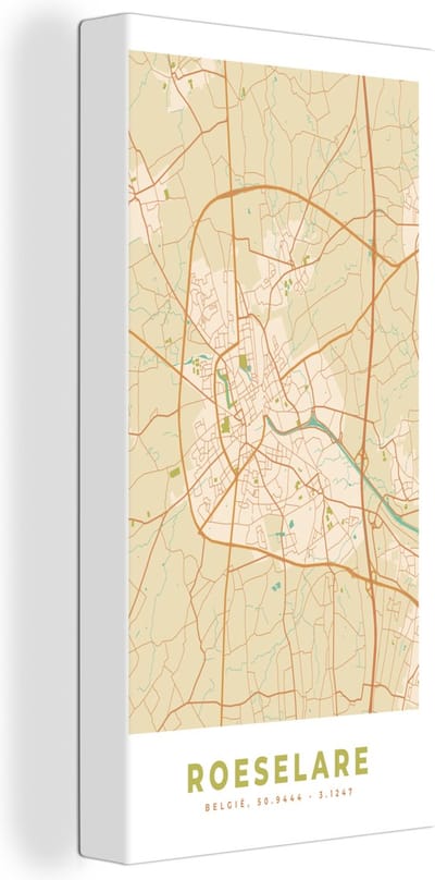 Canvas Schilderij Plattegrond - Stadskaart - Roeselare - België - Kaart - 20x40 cm - Wanddecoratie