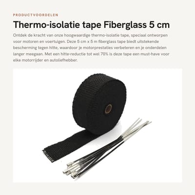 Dailygoods- Uitlaatband 5cm x 5m - Thermische Isolatie - Hittebescherming - Schokbestendig - Glasvezel - Inclusief 6 Roestvrij Stalen Klemmen - Uitlaatisolatie
