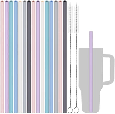 15 stuks herbruikbare siliconen drinkrietjes met 2 borstels, geschikt voor Stanley Tumbler 40oz 30oz 20oz, 30 cm lang, aanpasbaar voor verschillende drinkgerei, vaatwasmachinebestendig