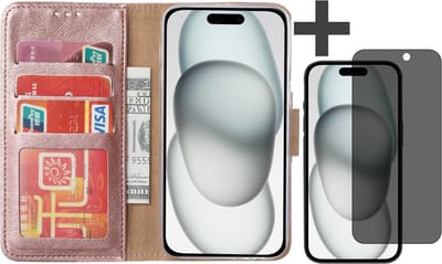 Hoesje met Privacy Screenprotector Geschikt voor iPhone 15 – Arara bookcase met pasjeshouder - Rosegoud