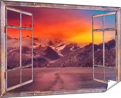 Gards Tuinposter Doorkijk Meer bij de Bergen bij Zonsondergang - 180x120 cm - Tuindoek - Tuindecoratie - Wanddecoratie buiten - Tuinschilderij