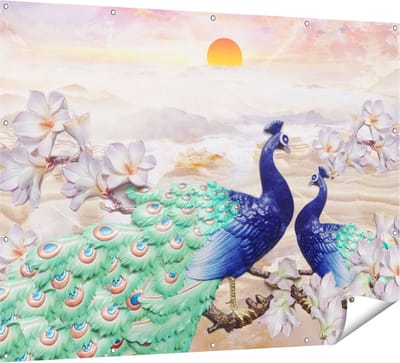 Gards Tuinposter Twee Pauwen bij Elkaar met Bloemen - Liefde - 160x120 cm - Tuindoek - Tuindecoratie - Wanddecoratie buiten - Tuinschilderij