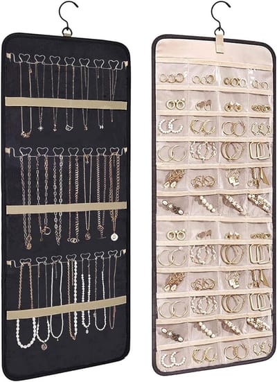 Hanging juwelensysteem voor het organiseren van kettingen, oorbellen en ringen, ideaal voor opslag en display