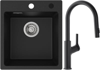 CECIPA max Spoelbak Antraciet 40x45CM - Granieten Spoelbakken Keuken Met U-Uitloop Keukenkraan - Spoelbakken met Kraangat - Enkele Spoelbak - Spoelbakken Incl. Sifon en Afvoerzeefje