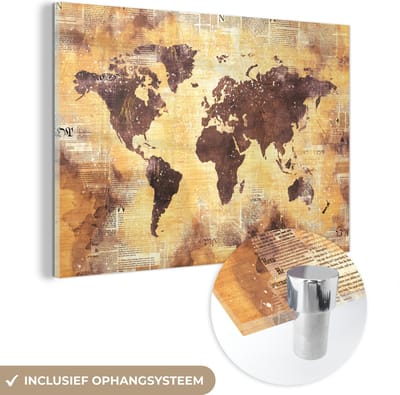 ® Glasschilderij 150x100 cm - Schilderij acrylglas - Wereldkaart - Glitter - Goud - Foto op glas - Muurdecoratie woonkamer - Wanddecoratie slaapkamer - Schilderijen