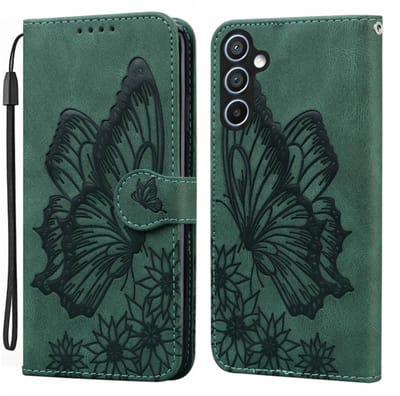 BoekCover Etui Hoes geschikt voor Samsung Galaxy S25 FE - Groen - Vlinder - Reliëf