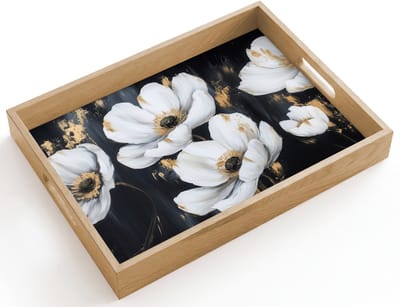 Dienblad hout 40x30 cm - Schootdienblad - Bloemen - Wit - Abstract - Borrelplank rechthoek - Plateau dienbladen