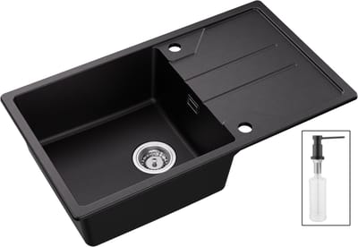 DERW MAX Granieten Spoelbak voor keuken 78x45cm - Enkele Spoelbakken Met Zeepdispenser - Onderbouw Spoelbak Antraciet - Met Planchet en Waterafvoersysteem - Voor 60 cm Kast