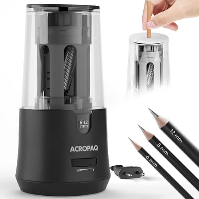 ACROPAQ Elektrische Puntenslijper Zwart - Voor potloden 6–12 mm - Automatische Puntenslijper met opvangbakje - Puntenslijper voor volwassenen - Kantoorslijper