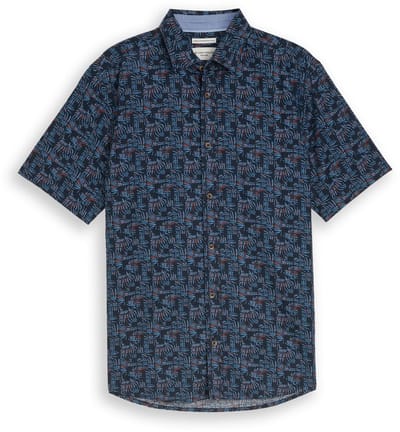Tom Tailor - Regular fit overhemd met korte mouwen en linnen - Maat XXXL - blue palm tree design