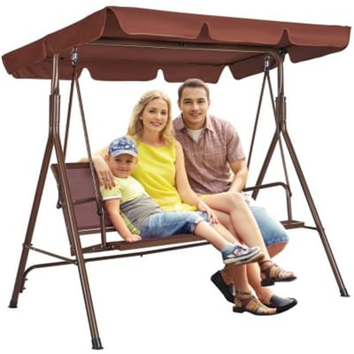 VEVOR 3-zits schommelstoel met verstelbare luifel, veranda schommelstoel met armleuningen, Teslin stof en gelegeerd stalen frame voor balkon, achtertuin, terras, tuin, bruin