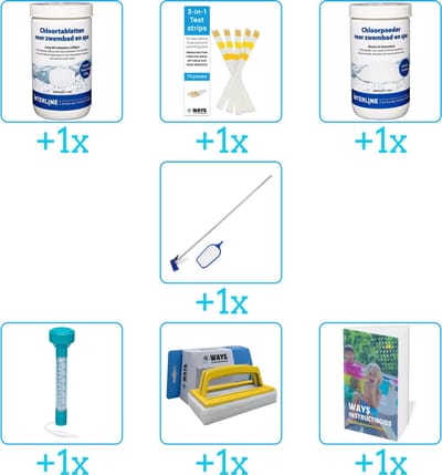 Zwembad Onderhoudspakket - Onderhoud Zwembad - bevat Chloor - Testrips - Chloor - Schoonmaakset - Thermometer - Scrubborstel en Zwembadgids (7-delig)